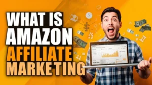 Excited person holding laptop showing Amazon earnings big bold text ‘WHAT IS AMAZON AFFILIATE MARKE